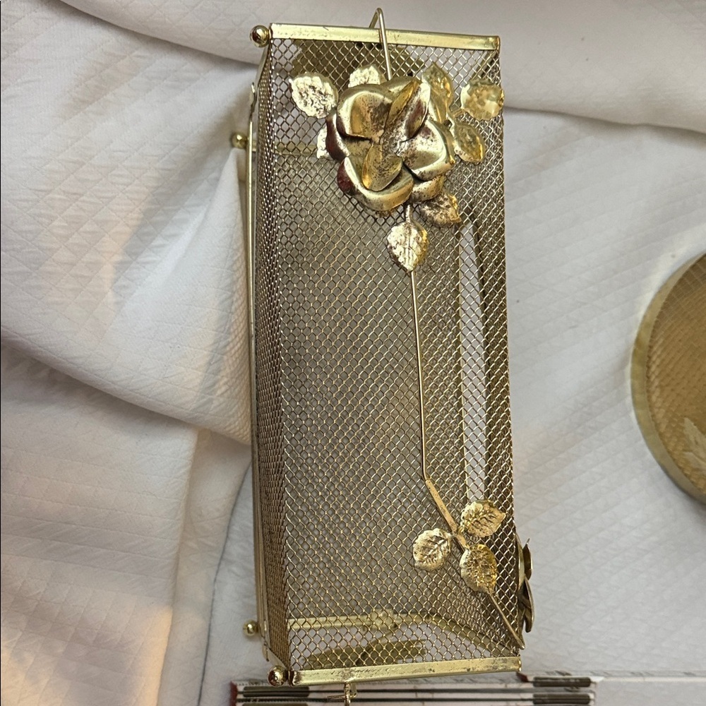 Vintage Hollywood Regency Gold Mesh Wastebasket & Tissue Box Cover Ornate Floral - Picture 7 of 15